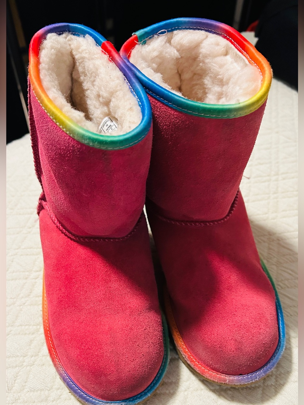 UGG Girls Pink Suede Boots with Rainbow Trim size 2 kids good condition